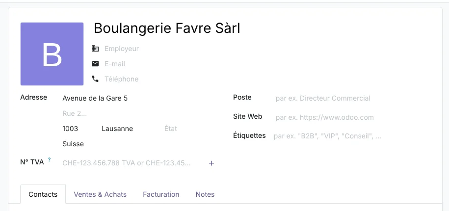 Fiche client Odoo 20 avec adresse complète en Suisse