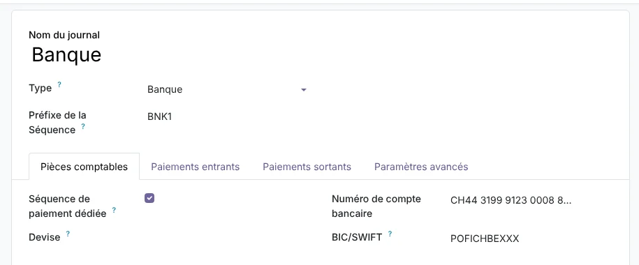 Journal de banque Odoo 20 avec le QR-IBAN suisse et le BIC