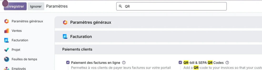 Paramètres Facturation Odoo 20 : activer l'option QR-bill & SEPA QR Codes
