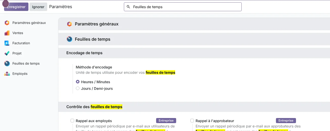 Paramètres Odoo 20 des feuilles de temps : saisie en heures ou en jours