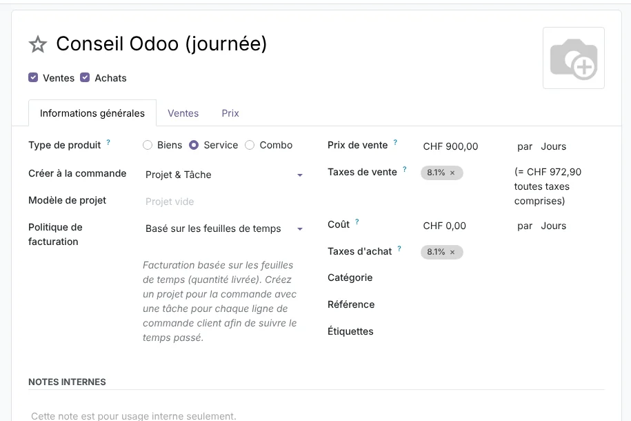 Fiche produit Odoo 20 : service facturé à la journée sur la base des feuilles de temps