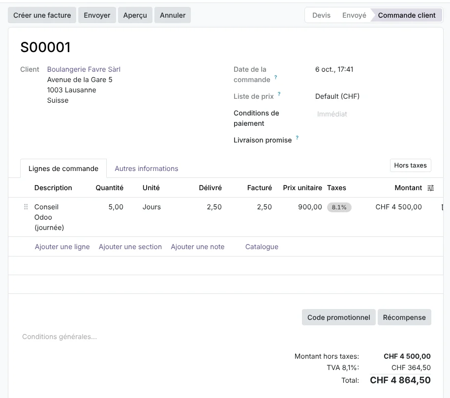 Commande client Odoo 20 : 2,5 jours livrés calculés depuis les heures saisies