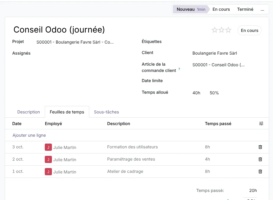 Tâche Odoo 20 : onglet Feuilles de temps avec les heures passées
