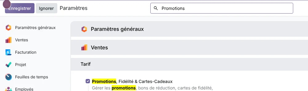 Paramètres Ventes Odoo 20 : activer Promotions, Fidélité & Cartes-Cadeaux