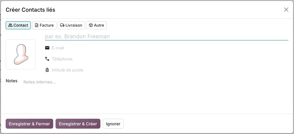 Fenêtre Créer Contacts liés dans Odoo 20 : types Contact, Facture, Livraison et Autre