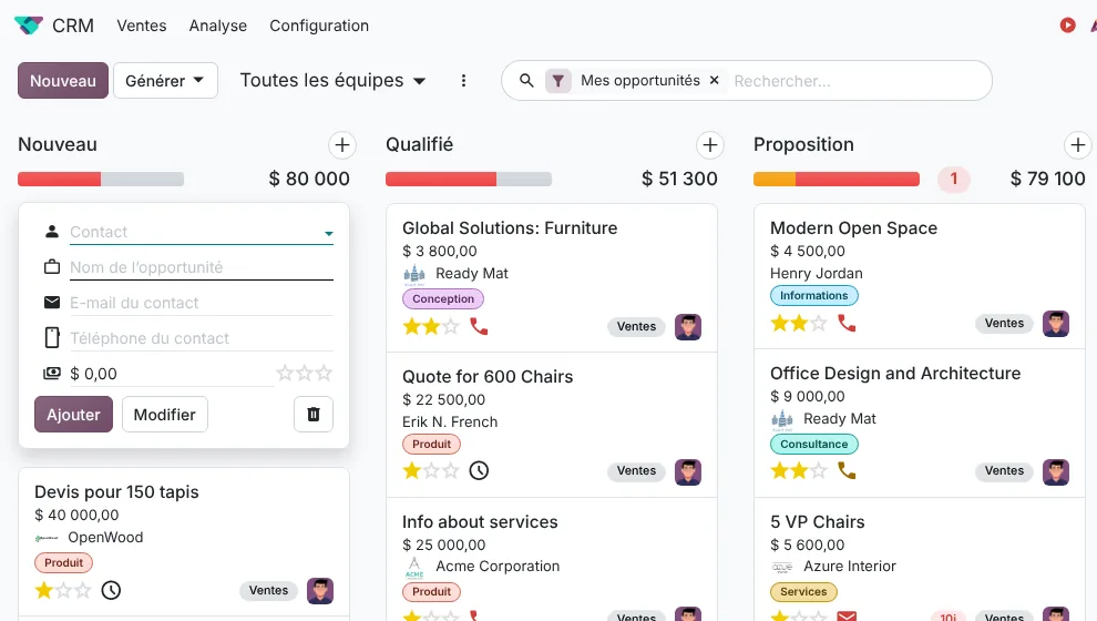 Création rapide d'une opportunité dans le pipeline CRM d'Odoo 20