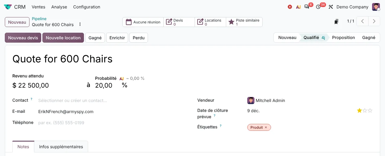 Fiche opportunité Odoo 20 : revenu attendu, probabilité, date de clôture prévue et étapes du pipeline
