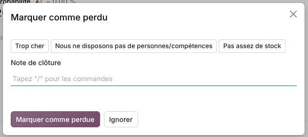 Fenêtre Marquer comme perdu dans Odoo 20 : motifs de perte et note de clôture