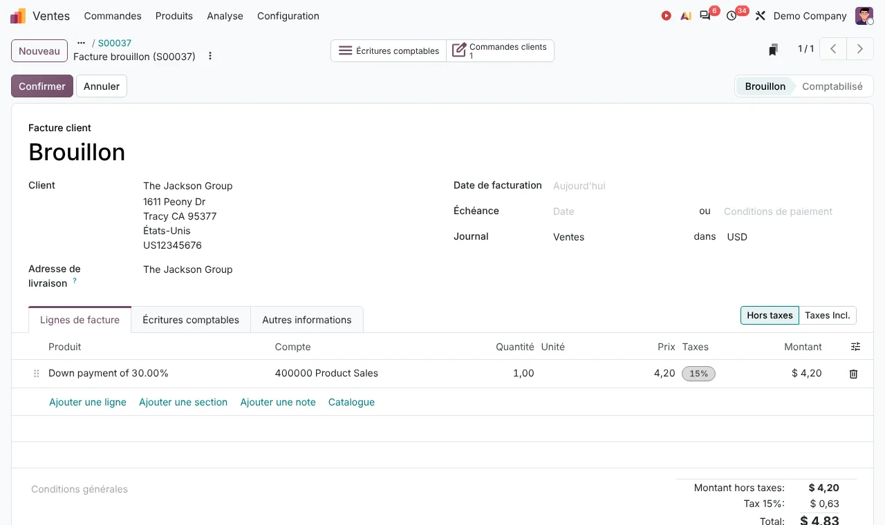 Brouillon de facture d'acompte dans Odoo 20 : une ligne d'acompte de 30 % issue de la commande