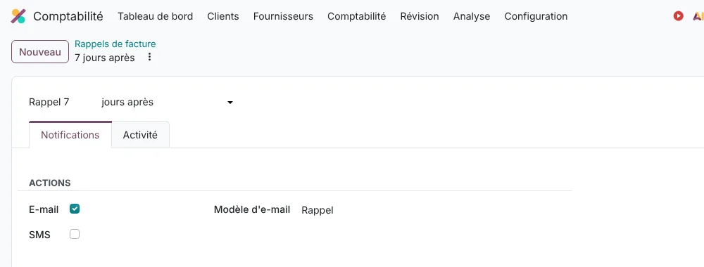 Niveau de rappel Odoo 20 : délai après échéance, actions e-mail et SMS, modèle d'e-mail