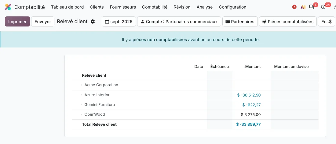 Relevé client dans Odoo 20 : soldes dus par client