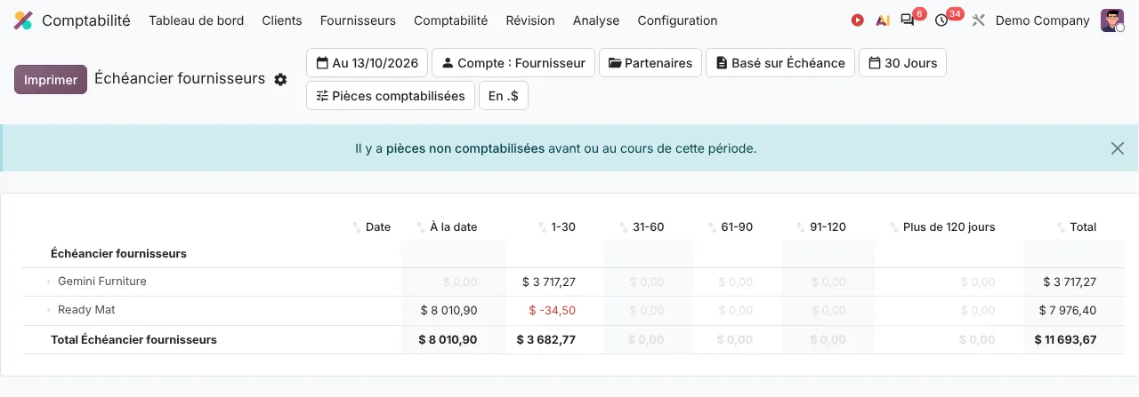 Échéancier fournisseurs dans Odoo 20 : montants dus par fournisseur et par tranche