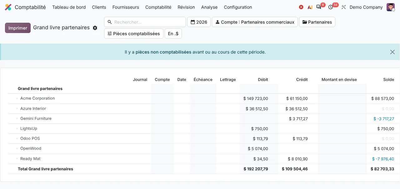 Grand livre partenaires dans Odoo 20 : débit, crédit et solde par partenaire
