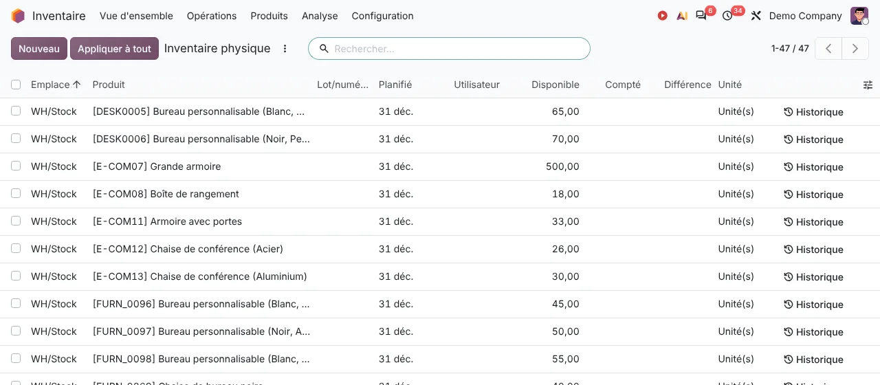 Inventaire physique dans Odoo 20 : produits par emplacement, date planifiée et quantité disponible
