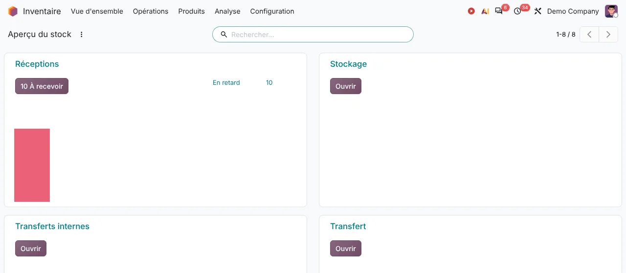 Vue d'ensemble de l'inventaire Odoo 20 : cartes Réceptions, Stockage et Transferts internes