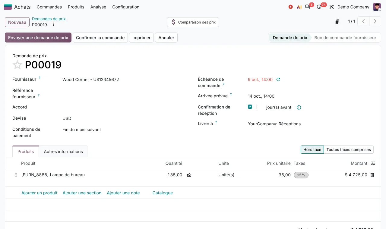 Demande de prix dans Odoo 20 : fournisseur, échéance de commande, arrivée prévue et lignes de produits