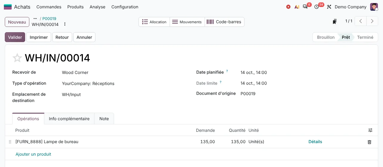 Réception fournisseur dans Odoo 20 : quantités attendues et bouton Valider