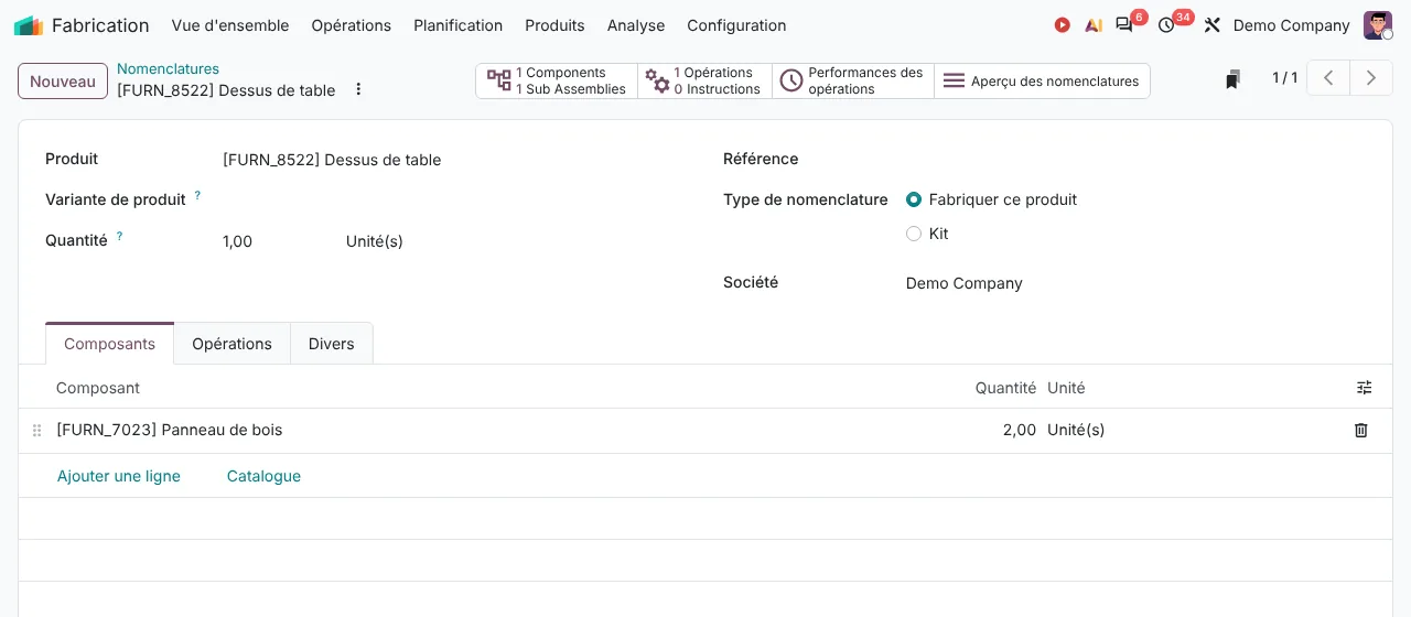 Nomenclature dans Odoo 20 : produit fini, type Fabriquer ce produit et composant